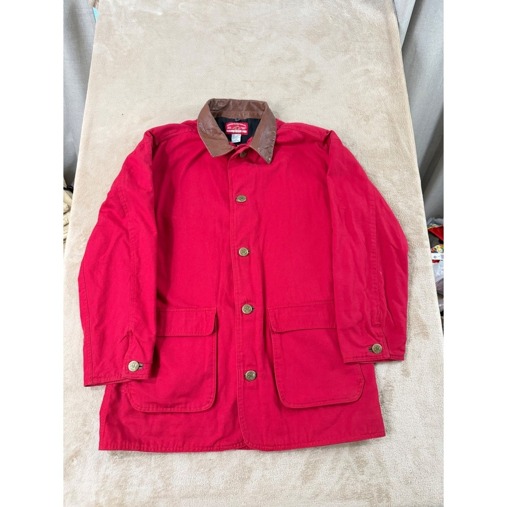 Vintage Marlboro Country Store Men M Red Canvas Barn Jacket Leather Collar‎ EUC